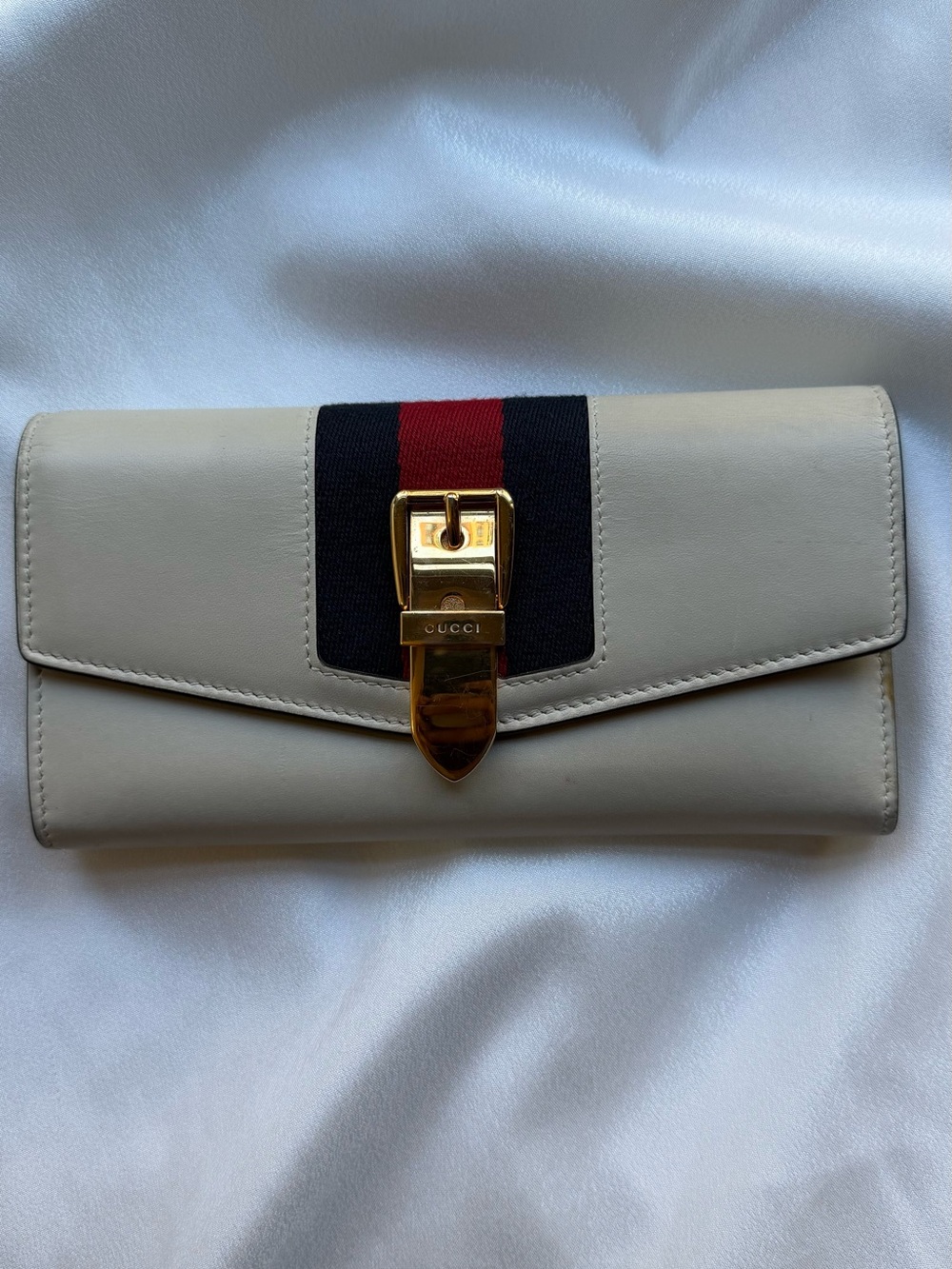 Gucci Cream Leather Wallet with Red and Navy Web Stripe